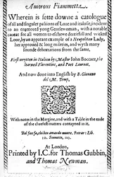 Page de titre de Amorous Fiammetta par Giovanni Boccaccio, traduction anglaise publiée en 1587