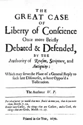 Page de titre de La Grande Affaire de la Liberté de Conscience par William Penn, publié en 1670