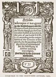Page de titre des Trente-Neuf Articles, 1571, illustration de The Church of England: A History for the People par H.D.M. Spence-Jones