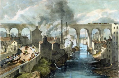 Train traversant le viaduc de Stockport sur la London  North Western Railway, vers 1845 (lithographie couleur)