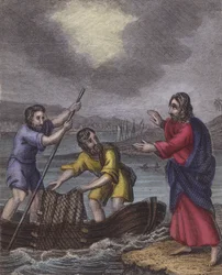 Deux pêcheurs concentrés sur leur pauvre emploi ... (gravure en couleur)