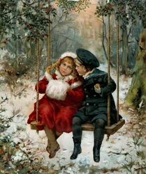 Deux enfants sur une balançoire. Le petit garçon porte un costume de marin et la petite fille un manchon. Couverture de Noël 1905 « Illustrated London News ». Paris, Arts Décoratifs