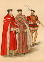 Deux pairs en robe et un hallebardier (lithographie couleur)