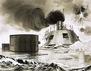 Scène de bataille non identifiée avec un sous-marin précoce