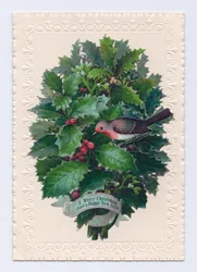 Carte de Noël et de Nouvel An victorienne avec un rouge-gorge dans un bouquet de feuilles de houx, vers 1880 (lithographie en couleur)