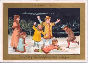 Carte de Noël et de Nouvel An victorienne avec des enfants jouant dans la neige et lançant des boules de neige, vers 1880 (lithographie en couleur)
