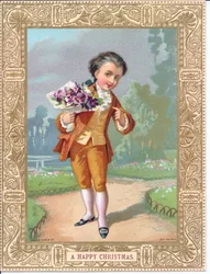 Carte de Noël victorienne avec un jeune garçon habillé en vêtements victoriens tenant un bouquet de fleurs, vers 1880 (lithographie en couleur)