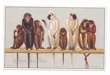 Carte de vœux victorienne du Nouvel An avec huit singes sur un rebord, vers 1880