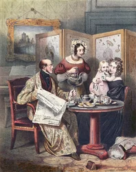 Famille victorienne au petit déjeuner, vers 1840