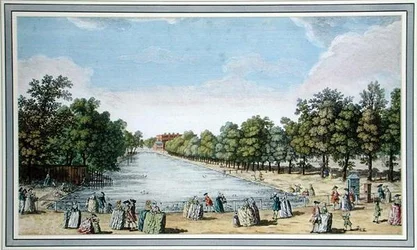 Vue des jardins formels avec un lac, probablement le Long Water à Hampton Court