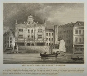 Vue du théâtre des ducs, Dorset Gardens, depuis la Tamise, 1814