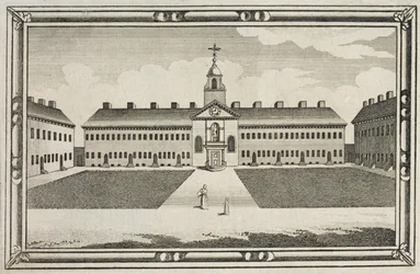 Vue des maisons de retraite de la Ironmongers Company, Kingsland Road, Hackney, vers 1820