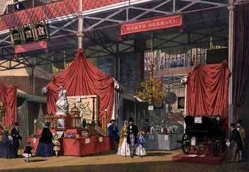 Vue du stand des instruments de musique Klier et Fils, dans la section nord-allemande de la Grande Exposition de 1851, de 