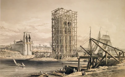 Vue de la construction du pont tubulaire de Britannia