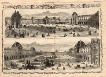 Vues de la Cour Carrée du Louvre à Paris. Gravure dans "The Illustrated London News" du 15 août 1857.