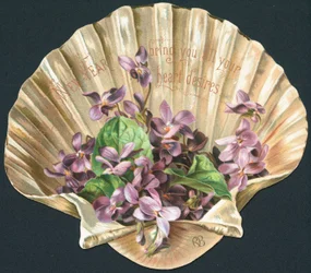 Violettes dans une coquille de palourde, carte de Nouvel An
