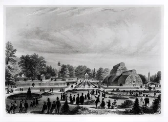Visiteurs regardant la Palm House au Palais de Kew, vers 1860