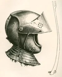 Casque à visière datant de c.1643. La pièce sur le côté est la prop de la visière, taille réelle, utilisée pour maintenir la visière à différents angles selon l