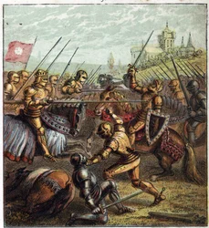 Guerre des Deux Roses (1455-1485) ; bataille de Tewkesbury (4 mai 1471). Illustration de la guerre civile anglaise née de la division des successeurs du roi Édouard III (1327-1377) en deux branches. Bataille de Tewkesbury : la dernière bataille de la guerr