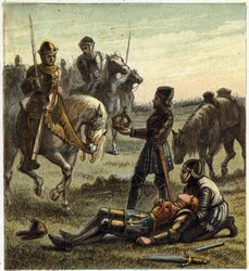 Guerre des Deux Roses : mort du roi Richard III (1452-1485) lors de la bataille de Bosworth Field, entre le 22/08/1485 Richard III et Henri, duc de Richmond. Ce dernier a reçu la couronne du roi déchu et est devenu Henri VII connu sous le nom de Henri Tudo