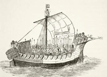 Navire de guerre au XVe siècle, tiré de «The National and Domestic History of England» de William Hickman Smith Aubrey (1858-1916), publié à Londres, vers 1890