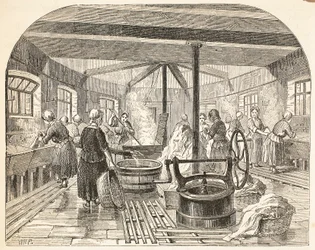 Lavoir à la prison de Brixton, illustration de The Criminal Prisons of London and Scenes from Prison Life par Henry Mayhew et John Binny, pub. 1862
