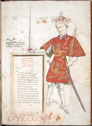 Guillaume le Conquérant, un roi anglais en armure et tabard, présentant une plaque avec des vers