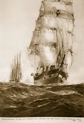 Voiliers remontant le canal sur une mer agitée et avec un vent arrière rapide, 1914-19