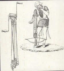 Mécanisme à treuil pour armer une arbalète, illustration tirée de « Ancient Armour »