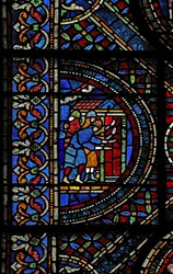 Fenêtre n7 représentant une scène de la vie de Saint Thomas Becket : les chevaliers à la porte de Canterbury