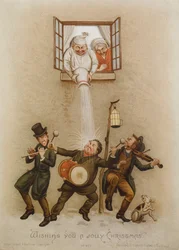 "Vous souhaitant un Joyeux Noël", carte victorienne, vers 1880 (chromolithographie)