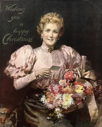 Femme tenant un bouquet de fleurs, avec la légende, Joyeux Noël