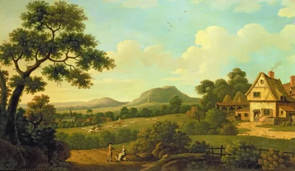 Paysage boisé avec figures au bord de la route, c.1770