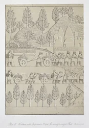 Ouvriers avec des outils et des cordes pour déplacer un taureau ailé, planche 17 de Ninive et ses restes par Austen Henry Layard (1817-94) publié en 1849
