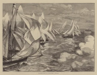 Yachting, un départ en vol (gravure)