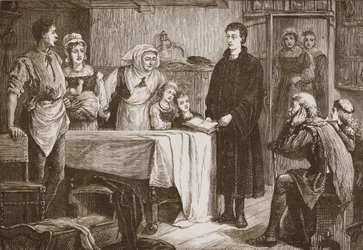 Jeune Calvin expliquant la Bible à une famille à Bourges, illustration de L