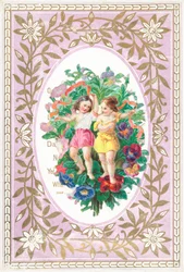 Jeune fille et garçon avec des fleurs et des rubans, carte