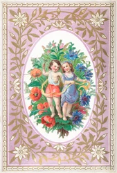 Jeune fille et garçon avec des fleurs et des rubans, carte