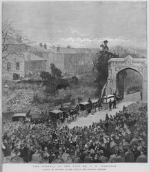 Procession funéraire portant le corps du prédicateur baptiste particulier anglais Charles Haddon Spurgeon arrivant aux portes du cimetière de Norwood, Londres