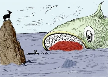 Illustration du conte « Pinocchio » de Carlo Collodi. Un énorme poisson s