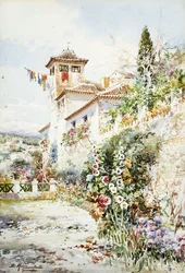 Maison et jardin andalous en été