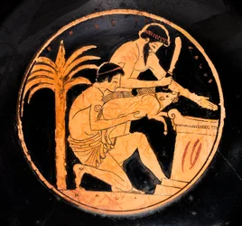 Bol à glaçure noire et figures rouges : scène de sacrifice (Terre cuite)