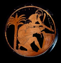 Art grec : coupe à figures rouges en céramique, médaillon : sacrifice d