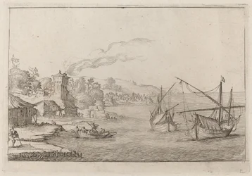 Paysage côtier avec navires ancrés