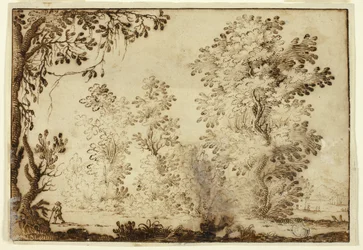Paysage boisé avec un voyageur au premier plan