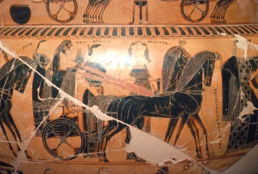 (détail) de Zeus et Héra dans un char avec Calliope du Vase François, 6e siècle av. J.-C.