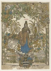 Frontispice avec femme sur piédestal avec les armes de Bernhard von Breydenbach et Johannes Comes