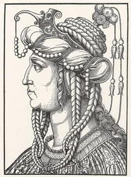 Portrait de la sultane Roxelane (Russelazie (la Ruthénienne), ou Hurrem (née Anastasia Lisovska, vers 1500-1558) épouse du sultan Soliman le Magnifique. Gravure sur bois de Erhard Schoen (1491-1592) vers 1532 Herzogliches Museum Gotha