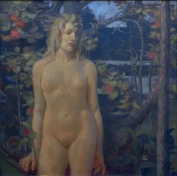 Nu féminin debout dans le paysage
