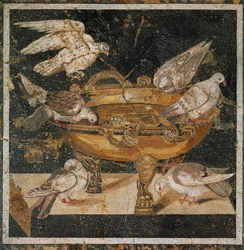 Oiseaux buvant dans une coupe. Mosaïque de Pompéi, Italie